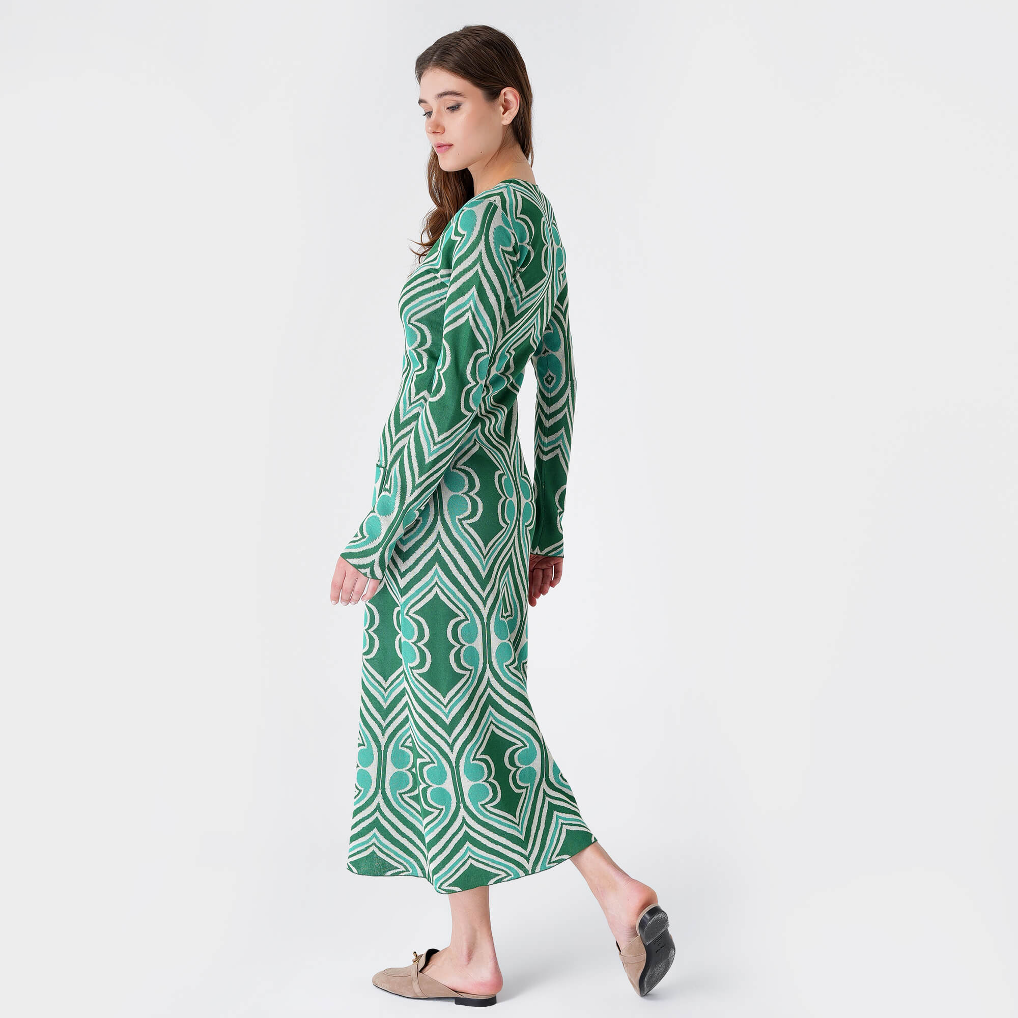 Etro - Green&White Viscose Knitted Kaftan Dress